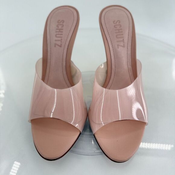 Schutz Womens Size 5.5 Aprill Vynil Slip On Open Toe Wedge Sandals Pink Gold - Picture 3 of 12